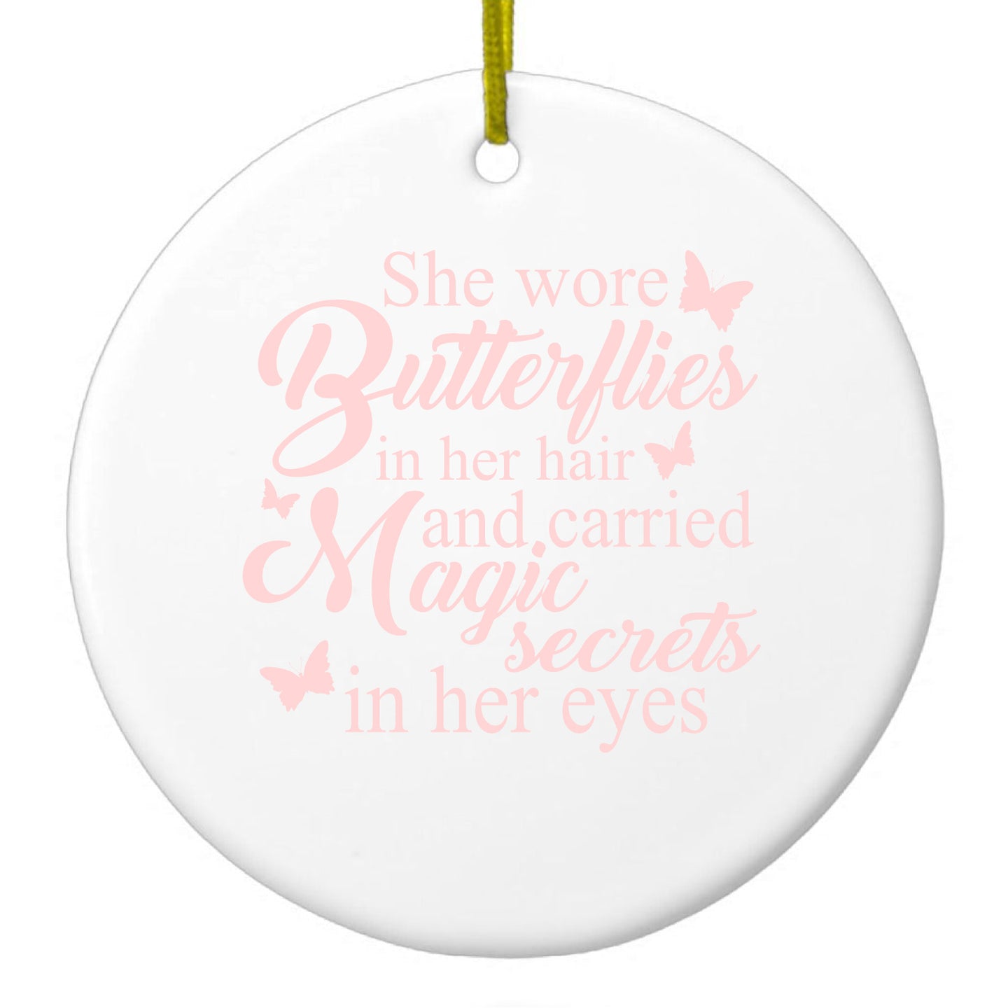 DistinctInk® Hanging Ceramic Christmas Tree Ornament with Gold String - Great Gift / Present - 2 3/4 inch Diameter - Butterflies in Her Hari, Magic Secret Eyes