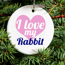 DistinctInk® Hanging Ceramic Christmas Tree Ornament with Gold String - Great Gift / Present - 2 3/4 inch Diameter - I Love My Rabbit