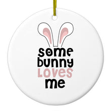 DistinctInk® Hanging Ceramic Christmas Tree Ornament with Gold String - Great Gift / Present - 2 3/4 inch Diameter - Some Bunny Loves Me - Rabbit