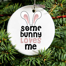 DistinctInk® Hanging Ceramic Christmas Tree Ornament with Gold String - Great Gift / Present - 2 3/4 inch Diameter - Some Bunny Loves Me - Rabbit