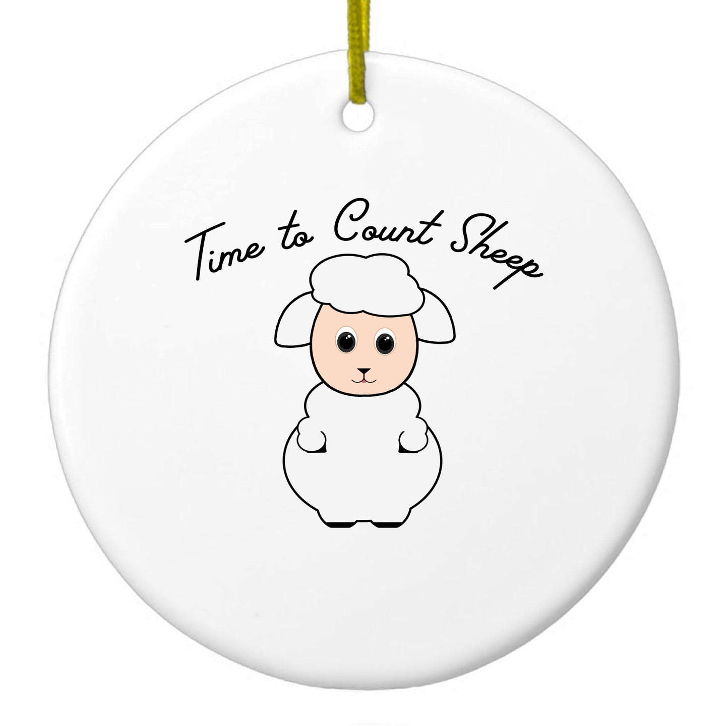 DistinctInk® Hanging Ceramic Christmas Tree Ornament with Gold String - Great Gift / Present - 2 3/4 inch Diameter - Time to Count Sheep - Lamb