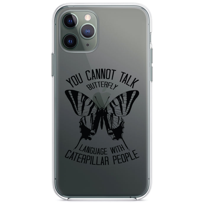 DistinctInk® Clear Shockproof Hybrid Case for Apple iPhone / Samsung Galaxy / Google Pixel - Can't Talk Butterfly with Caterpillar People