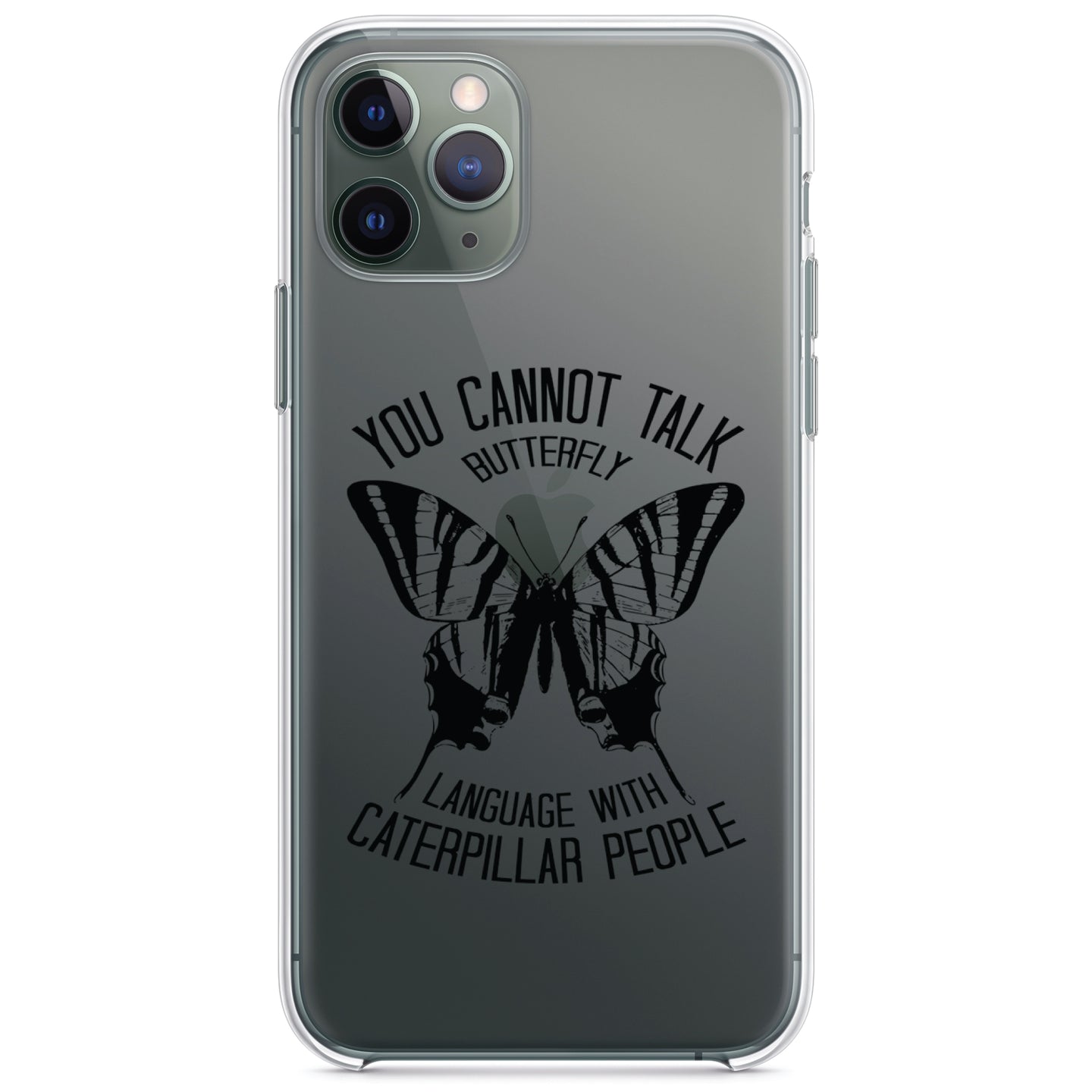 DistinctInk® Clear Shockproof Hybrid Case for Apple iPhone / Samsung Galaxy / Google Pixel - Can't Talk Butterfly with Caterpillar People