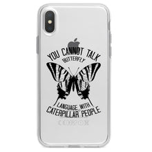 DistinctInk® Clear Shockproof Hybrid Case for Apple iPhone / Samsung Galaxy / Google Pixel - Can't Talk Butterfly with Caterpillar People