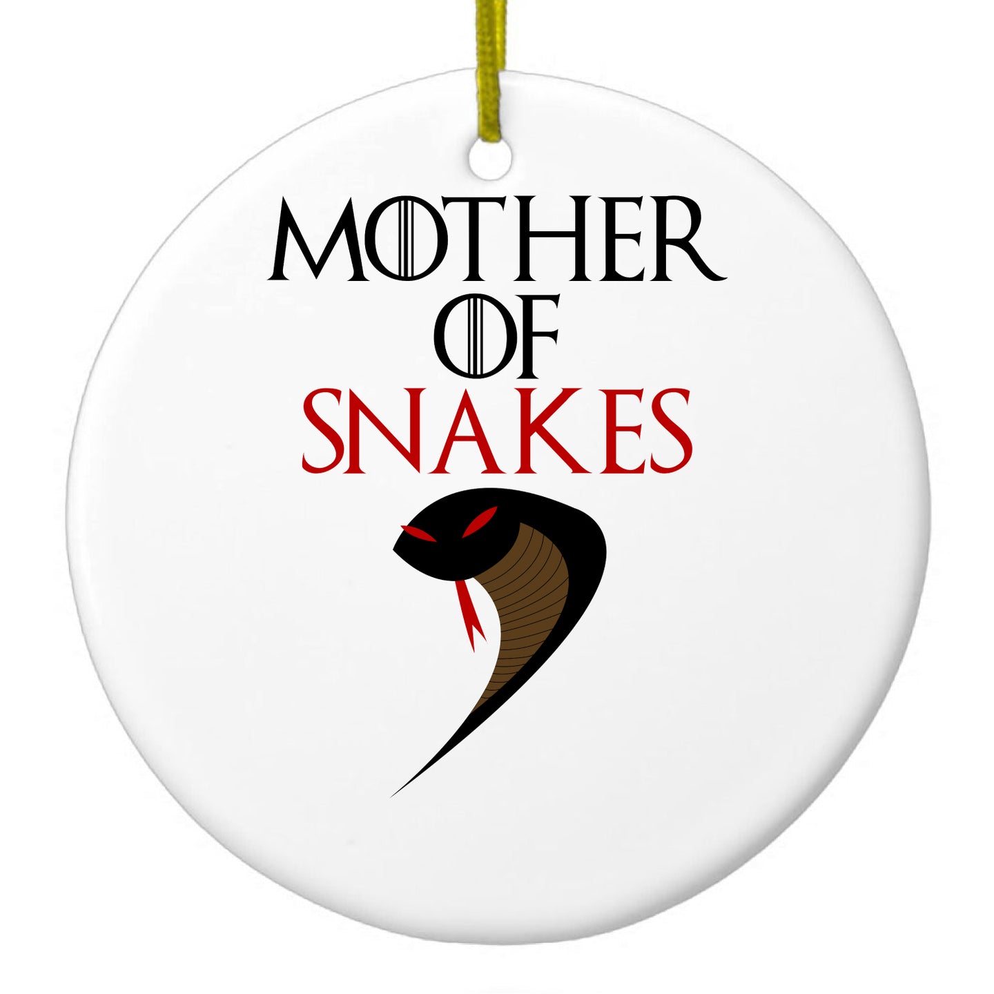 DistinctInk® Hanging Ceramic Christmas Tree Ornament with Gold String - Great Gift / Present - 2 3/4 inch Diameter - Mother of Snakes