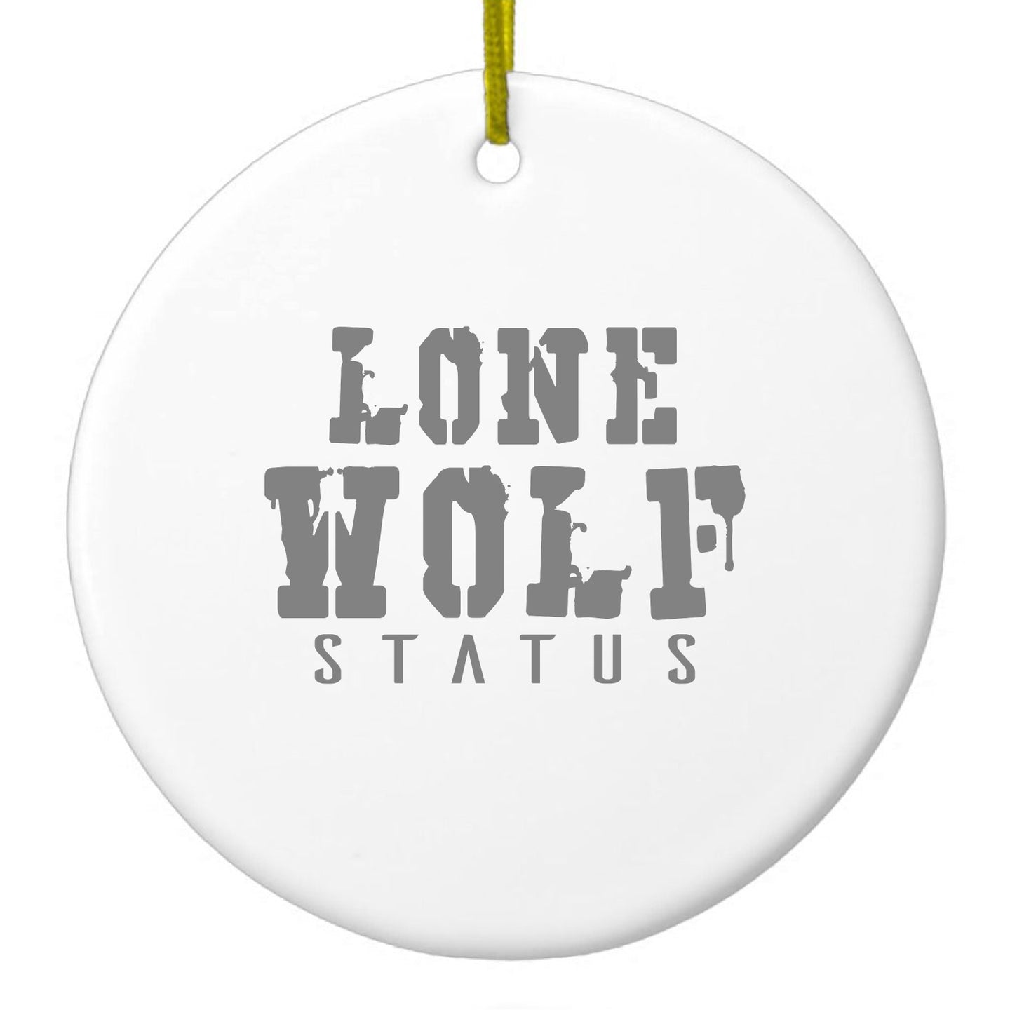 DistinctInk® Hanging Ceramic Christmas Tree Ornament with Gold String - Great Gift / Present - 2 3/4 inch Diameter - Lone Wolf Status