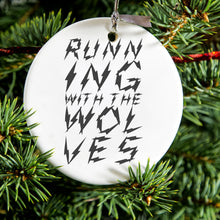 DistinctInk® Hanging Ceramic Christmas Tree Ornament with Gold String - Great Gift / Present - 2 3/4 inch Diameter - Running With the Wolves