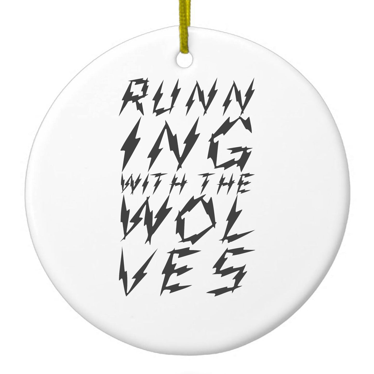 DistinctInk® Hanging Ceramic Christmas Tree Ornament with Gold String - Great Gift / Present - 2 3/4 inch Diameter - Running With the Wolves