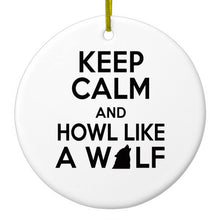 DistinctInk® Hanging Ceramic Christmas Tree Ornament with Gold String - Great Gift / Present - 2 3/4 inch Diameter - Keep Calm Howl Like a Wolf
