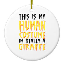 DistinctInk® Hanging Ceramic Christmas Tree Ornament with Gold String - Great Gift / Present - 2 3/4 inch Diameter - My Human Costume, Really a Giraffe