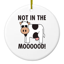 DistinctInk® Hanging Ceramic Christmas Tree Ornament with Gold String - Great Gift / Present - 2 3/4 inch Diameter - Not in the MOOOOOOD! Cow