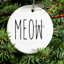 DistinctInk® Hanging Ceramic Christmas Tree Ornament with Gold String - Great Gift / Present - 2 3/4 inch Diameter - Meow - Cat Whiskers
