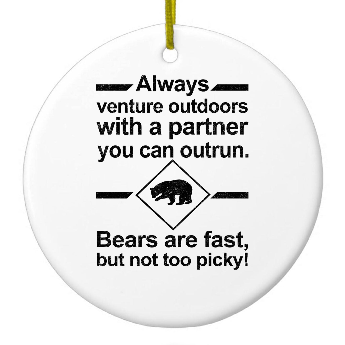 DistinctInk® Hanging Ceramic Christmas Tree Ornament with Gold String - Great Gift / Present - 2 3/4 inch Diameter - Bears Are Fast But Not Too Picky