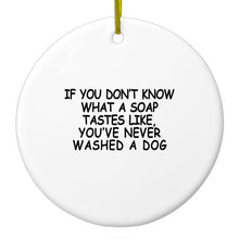 DistinctInk® Hanging Ceramic Christmas Tree Ornament with Gold String - Great Gift / Present - 2 3/4 inch Diameter - Don't Know What Soap Tastes Like, Washed Dog