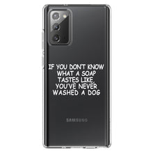 DistinctInk® Clear Shockproof Hybrid Case for Apple iPhone / Samsung Galaxy / Google Pixel - Don't Know What Soap Tastes Like, Washed Dog