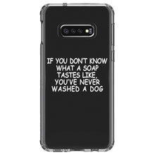 DistinctInk® Clear Shockproof Hybrid Case for Apple iPhone / Samsung Galaxy / Google Pixel - Don't Know What Soap Tastes Like, Washed Dog