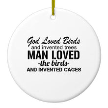 DistinctInk® Hanging Ceramic Christmas Tree Ornament with Gold String - Great Gift / Present - 2 3/4 inch Diameter - God Loved Birds - Trees, Cages