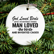 DistinctInk® Hanging Ceramic Christmas Tree Ornament with Gold String - Great Gift / Present - 2 3/4 inch Diameter - God Loved Birds - Trees, Cages