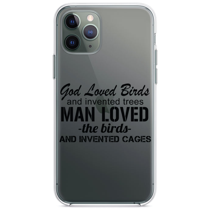 DistinctInk® Clear Shockproof Hybrid Case for Apple iPhone / Samsung Galaxy / Google Pixel - God Loved Birds - Trees, Cages