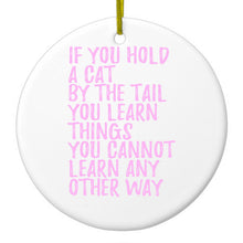 DistinctInk® Hanging Ceramic Christmas Tree Ornament with Gold String - Great Gift / Present - 2 3/4 inch Diameter - Hold a Cat by the Tail, Learn Things