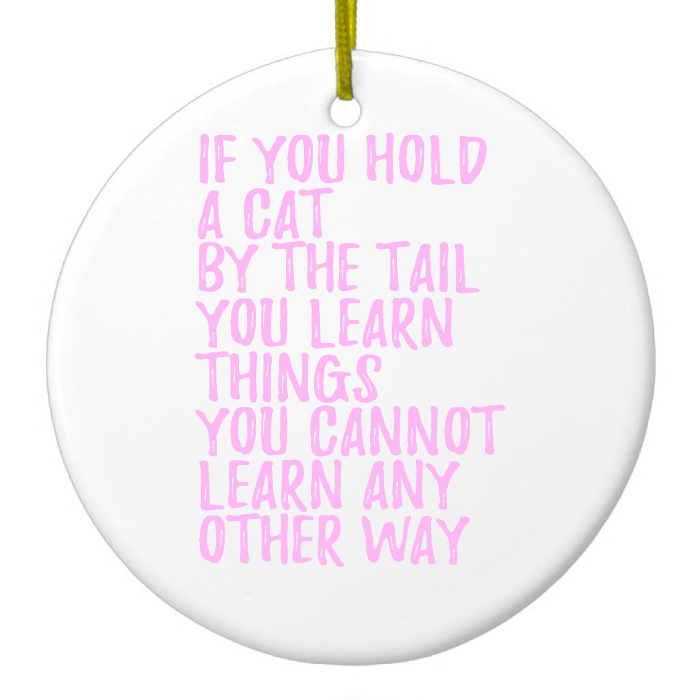 DistinctInk® Hanging Ceramic Christmas Tree Ornament with Gold String - Great Gift / Present - 2 3/4 inch Diameter - Hold a Cat by the Tail, Learn Things