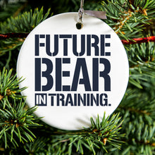 DistinctInk® Hanging Ceramic Christmas Tree Ornament with Gold String - Great Gift / Present - 2 3/4 inch Diameter - Future Bear in Training