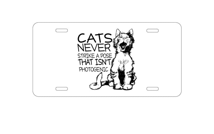 DistinctInk Custom Aluminum Decorative Vanity Front License Plate - Cats Never Strike a Pose not Photogenic