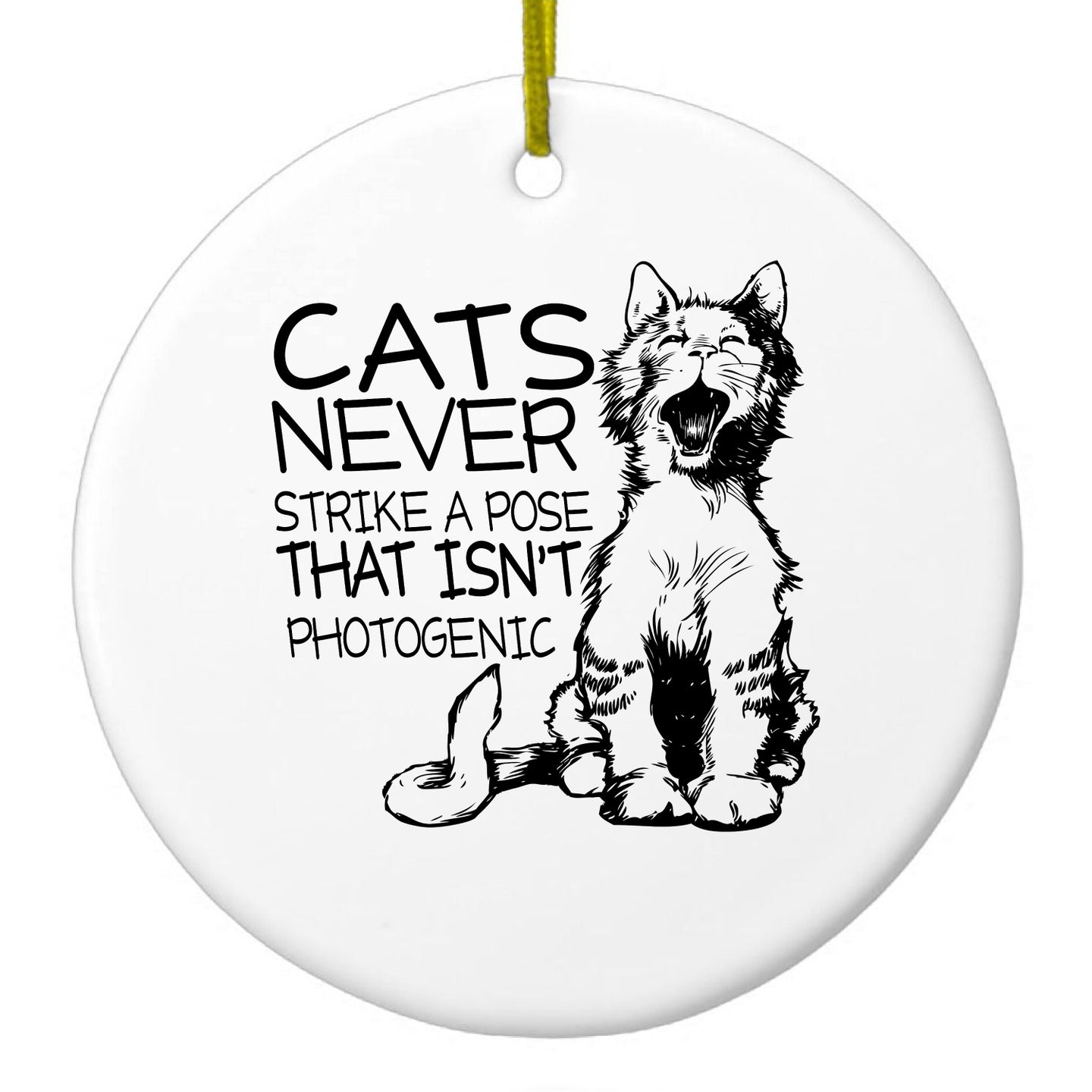 DistinctInk® Hanging Ceramic Christmas Tree Ornament with Gold String - Great Gift / Present - 2 3/4 inch Diameter - Cats Never Strike a Pose not Photogenic