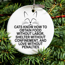 DistinctInk® Hanging Ceramic Christmas Tree Ornament with Gold String - Great Gift / Present - 2 3/4 inch Diameter - Cats Obtain Food without Labor