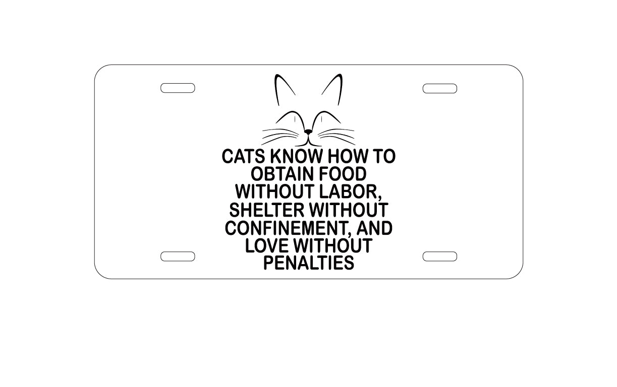 DistinctInk Custom Aluminum Decorative Vanity Front License Plate - Cats Obtain Food without Labor