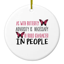 DistinctInk® Hanging Ceramic Christmas Tree Ornament with Gold String - Great Gift / Present - 2 3/4 inch Diameter - Butterfly - Adversity Necessary Build Character