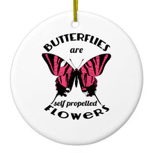 DistinctInk® Hanging Ceramic Christmas Tree Ornament with Gold String - Great Gift / Present - 2 3/4 inch Diameter - Butterflies are Self Propelled Flowers