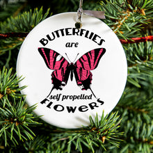 DistinctInk® Hanging Ceramic Christmas Tree Ornament with Gold String - Great Gift / Present - 2 3/4 inch Diameter - Butterflies are Self Propelled Flowers