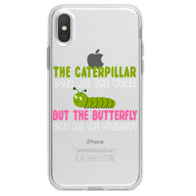 DistinctInk® Clear Shockproof Hybrid Case for Apple iPhone / Samsung Galaxy / Google Pixel - Caterpillar Does Work, Butterfly Publicity