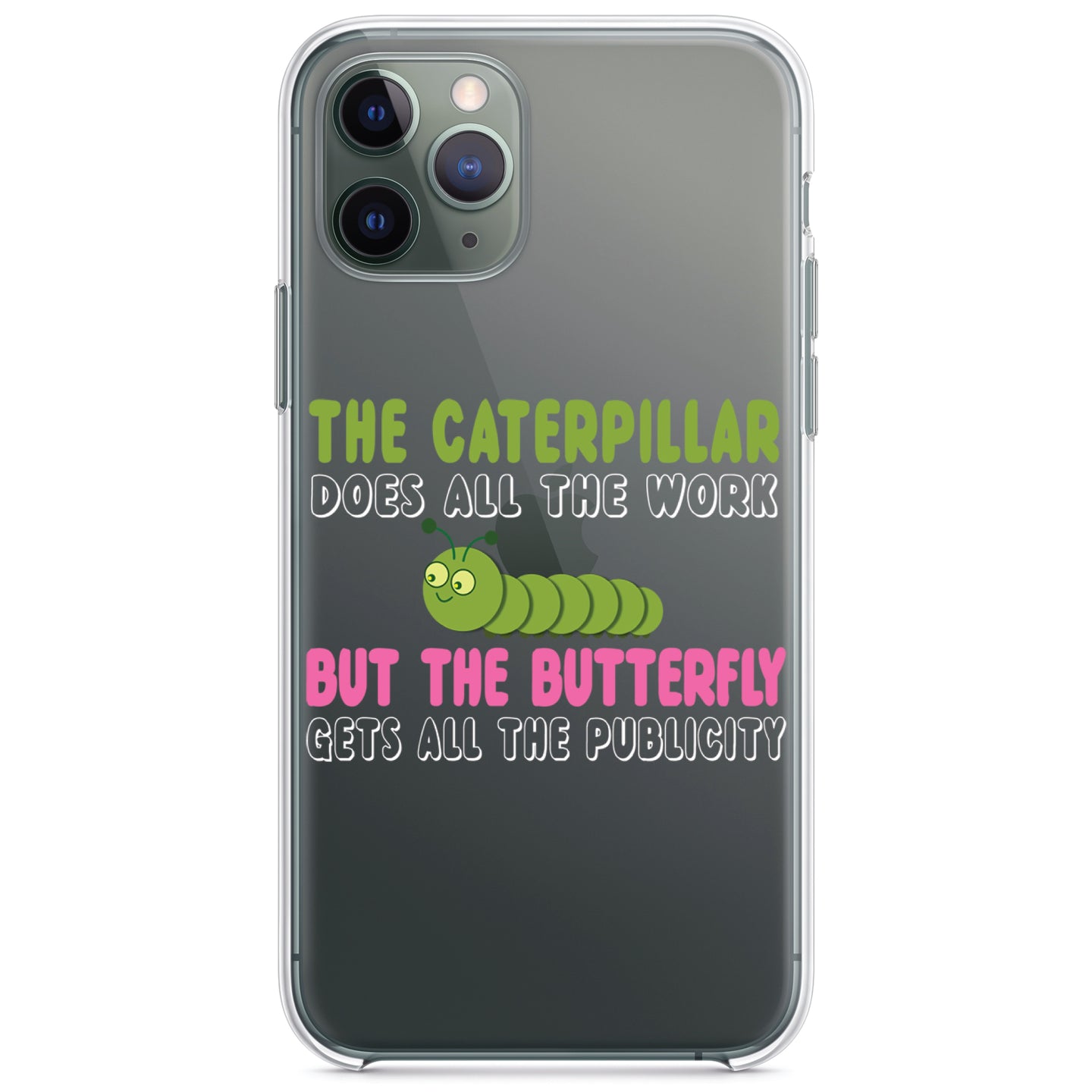 DistinctInk® Clear Shockproof Hybrid Case for Apple iPhone / Samsung Galaxy / Google Pixel - Caterpillar Does Work, Butterfly Publicity