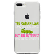DistinctInk® Clear Shockproof Hybrid Case for Apple iPhone / Samsung Galaxy / Google Pixel - Caterpillar Does Work, Butterfly Publicity