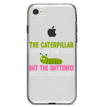 DistinctInk® Clear Shockproof Hybrid Case for Apple iPhone / Samsung Galaxy / Google Pixel - Caterpillar Does Work, Butterfly Publicity