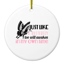 DistinctInk® Hanging Ceramic Christmas Tree Ornament with Gold String - Great Gift / Present - 2 3/4 inch Diameter - Like a Butterfly, Awaken in My Own Time