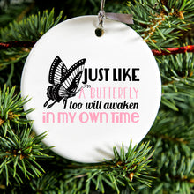 DistinctInk® Hanging Ceramic Christmas Tree Ornament with Gold String - Great Gift / Present - 2 3/4 inch Diameter - Like a Butterfly, Awaken in My Own Time