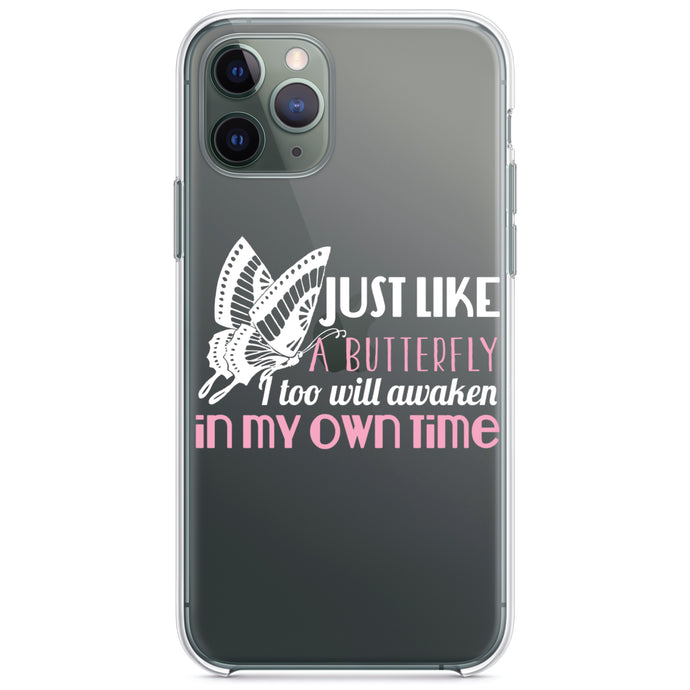 DistinctInk® Clear Shockproof Hybrid Case for Apple iPhone / Samsung Galaxy / Google Pixel - Like a Butterfly, Awaken in My Own Time