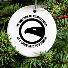 DistinctInk® Hanging Ceramic Christmas Tree Ornament with Gold String - Great Gift / Present - 2 3/4 inch Diameter - Eagle Uses Negative Energy to Fly Higher