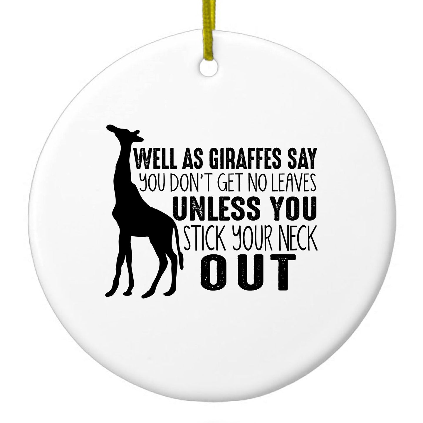 DistinctInk® Hanging Ceramic Christmas Tree Ornament with Gold String - Great Gift / Present - 2 3/4 inch Diameter - Giraffe - No Leaves Unless Stick Neck Out