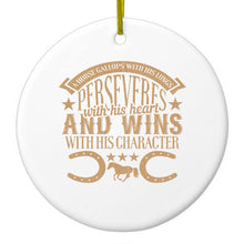 DistinctInk® Hanging Ceramic Christmas Tree Ornament with Gold String - Great Gift / Present - 2 3/4 inch Diameter - Horse Gallops, Perseveres, Wins