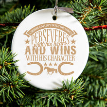 DistinctInk® Hanging Ceramic Christmas Tree Ornament with Gold String - Great Gift / Present - 2 3/4 inch Diameter - Horse Gallops, Perseveres, Wins