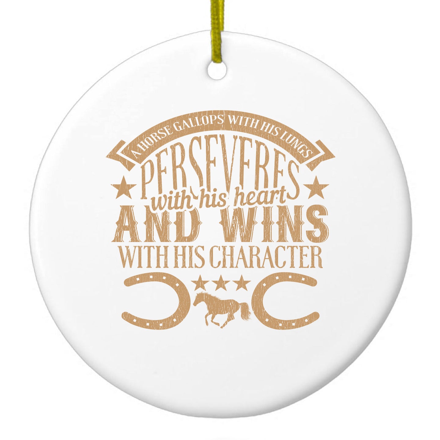DistinctInk® Hanging Ceramic Christmas Tree Ornament with Gold String - Great Gift / Present - 2 3/4 inch Diameter - Horse Gallops, Perseveres, Wins