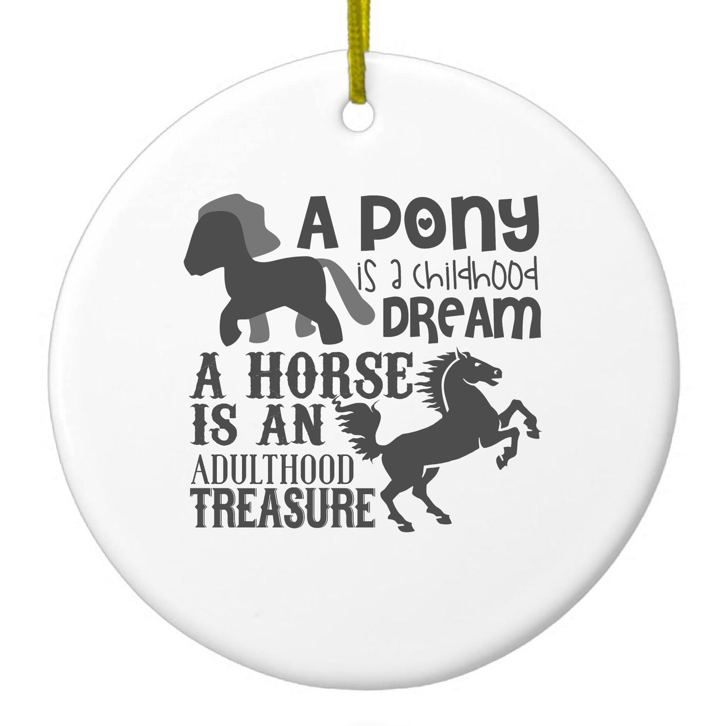 DistinctInk® Hanging Ceramic Christmas Tree Ornament with Gold String - Great Gift / Present - 2 3/4 inch Diameter - Pony Childhood Dream, Horse Adult Treasure