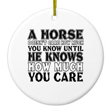 DistinctInk® Hanging Ceramic Christmas Tree Ornament with Gold String - Great Gift / Present - 2 3/4 inch Diameter - Horse Doesn't Care How Much You Know
