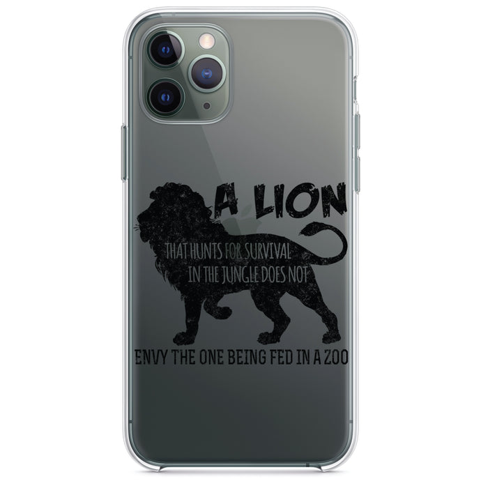 DistinctInk® Clear Shockproof Hybrid Case for Apple iPhone / Samsung Galaxy / Google Pixel - Lion Hunts for Survival Does Not Envy Zoo