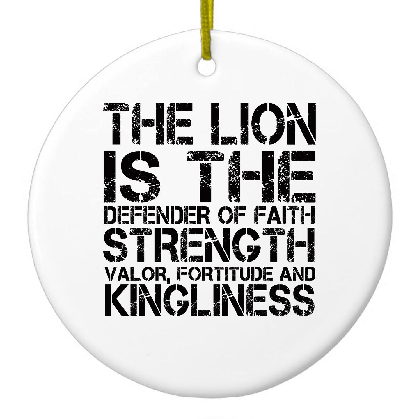 DistinctInk® Hanging Ceramic Christmas Tree Ornament with Gold String - Great Gift / Present - 2 3/4 inch Diameter - Lion - Strength Valor Fortitude Kingliness