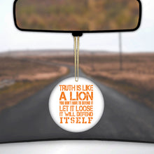 DistinctInk® Hanging Ceramic Christmas Tree Ornament with Gold String - Great Gift / Present - 2 3/4 inch Diameter - Truth is Like Lion - Don't Have to Defend
